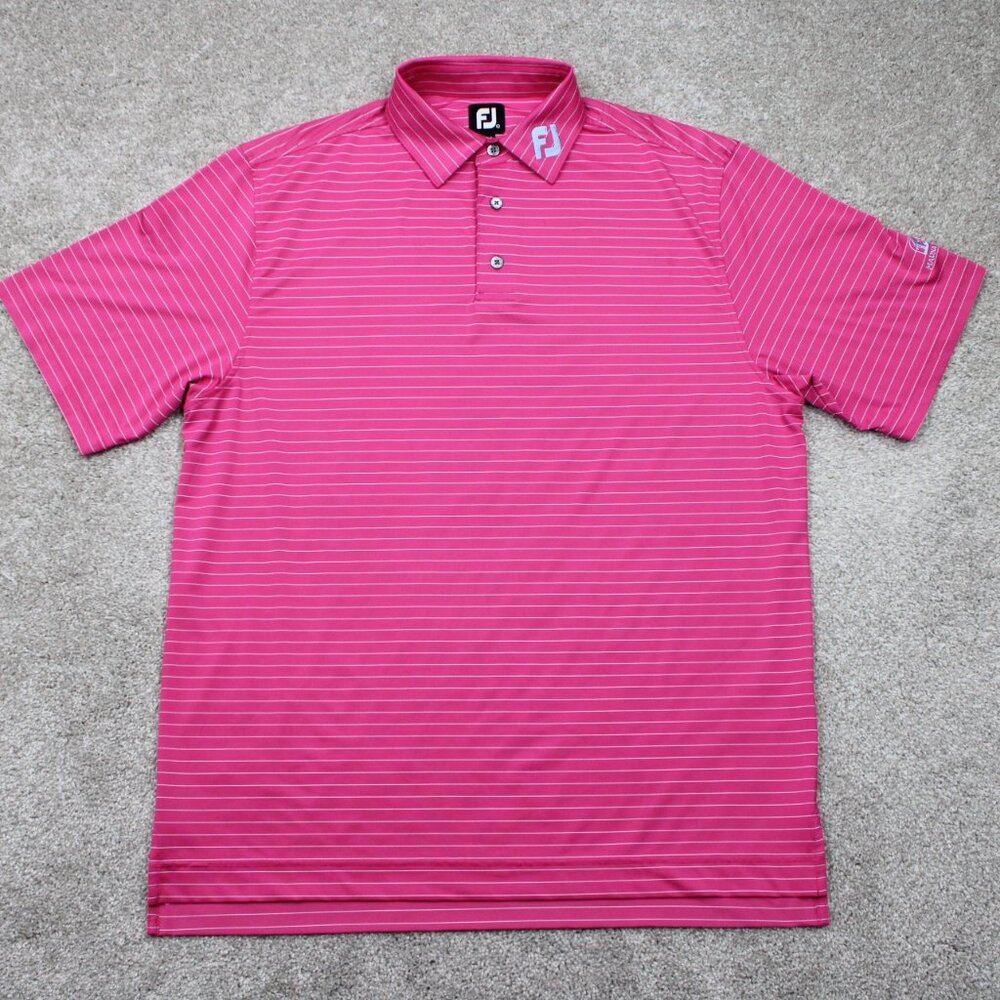 FootJoy Polo Shirt‎ Mens Large Pink/White Striped Polyester Stretch S/S Golf